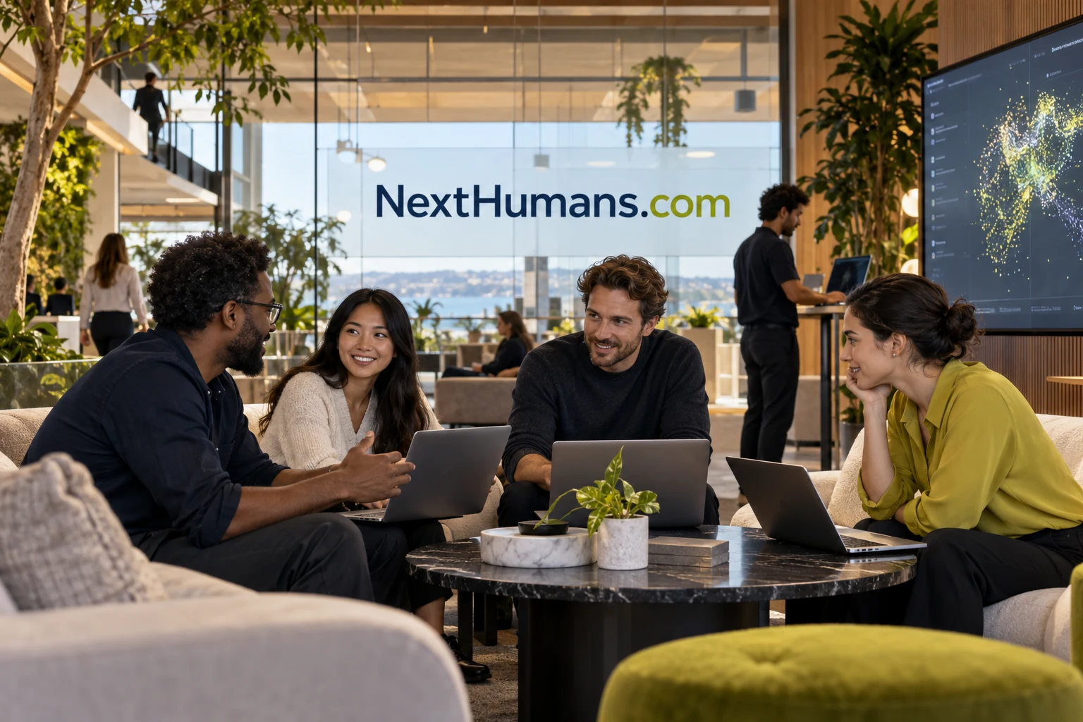 People collaborating in a warm modern technology workspace